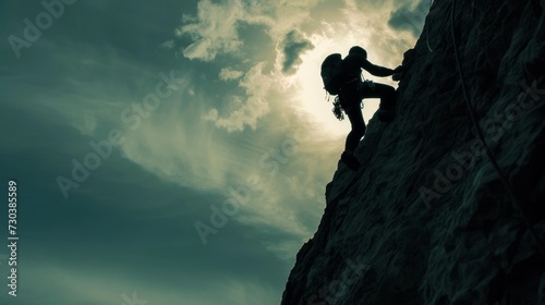 A silhouette of a man climbing a steep mountain, conveying themes of adventure, struggle, and ultimately, success