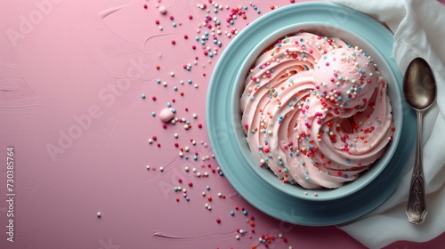 Ice cream dessert flatlay in a bowl for summer, birthday, party, product mockup scene creator and text background