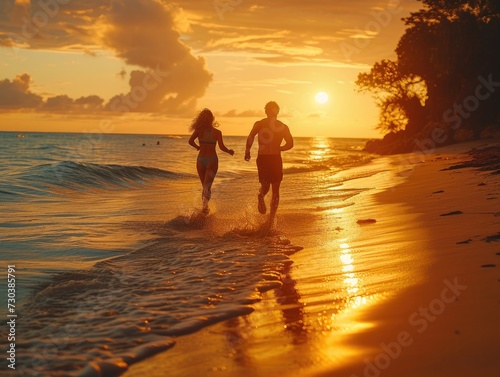 young couple jogging at the beach. warm sunlight. holiday feeling. happiness. 