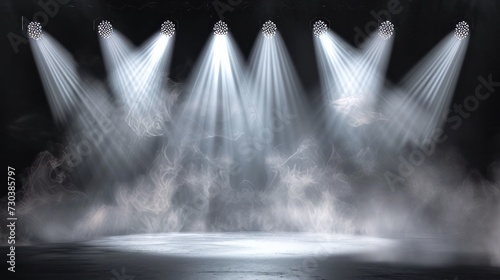  Stage lighting with spotlights, presented on a transparent background. These directional studio lights emit bright illumination