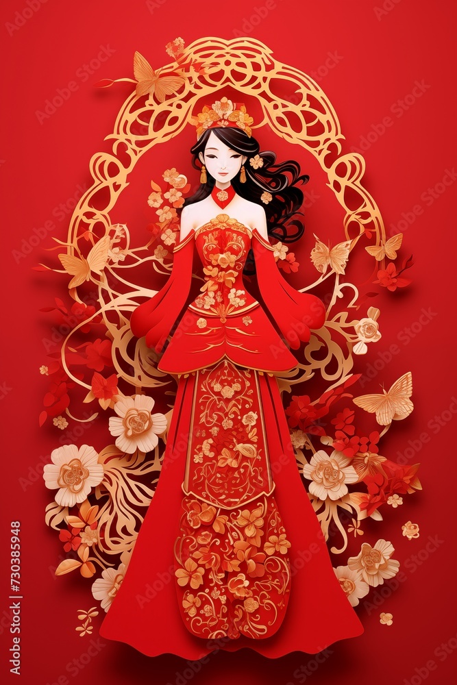paper-cut of girl adorns a stunning Cheongsam dress