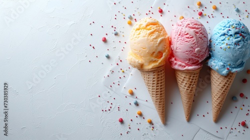 Ice cream dessert flatlay in a cone for summer, birthday, party, product mockup scene creator and text background