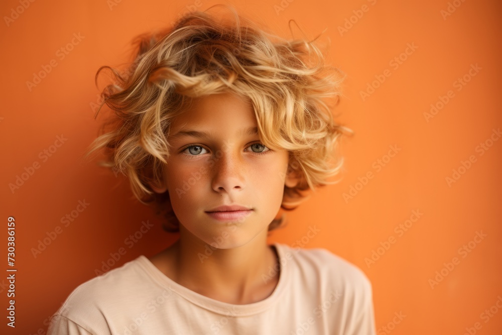Portrait of a cute little boy with blond curly hair on orange background