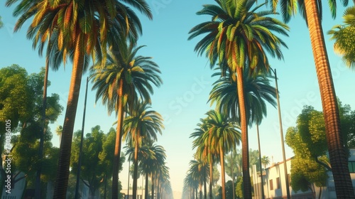 Tall, slender palm trees line the streets, their fronds swaying gently in the breeze, creating a pixelated effect photo