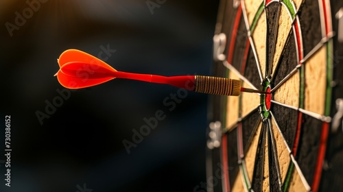 A red dart hitting the center of a modern target in a target shooting image. The background is dark black and brown, with copy space available at the bottom left of the picture