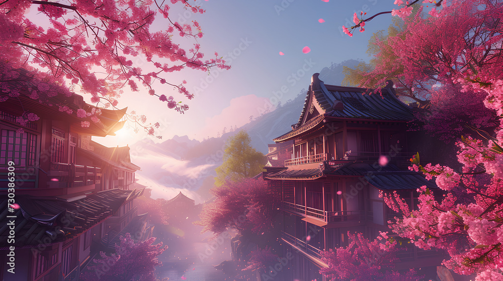 Obraz premium Japanese houses with pink flowers and an uncluttered landscape, with sun and shadows. Asian style.