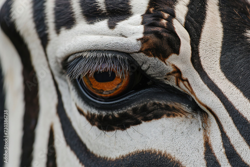 The eye of a zebra with black and white stripes