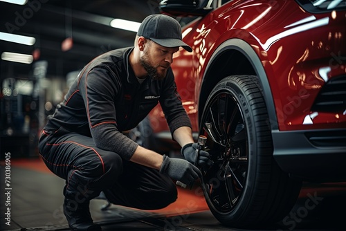 New car tires and Car maintenance and service center or Vehicle tire repair and replacement equipment © pixeness