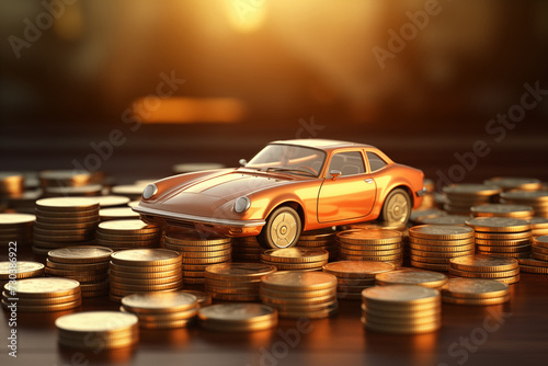 A car model with a stack of coins. 3D illustration.