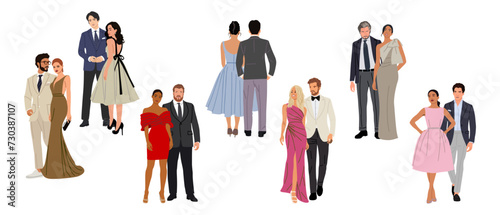 Diverse of multiracial and multinational couples wearing evening formal outfits for celebration, wedding, event, party. Happy men and women in gorgeous clothes vector realistic illustration isolated.