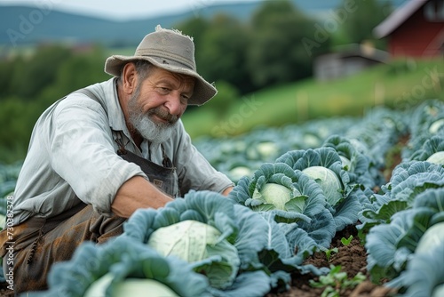 Man picking cabbage vegetable at field.