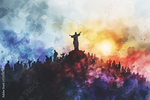Jesus standing on top of a mountain and preaching to the crowd. Watercolor painting. photo