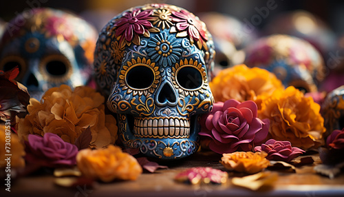 Day of the Dead celebration  colorful decorations, spooky skulls generated by AI