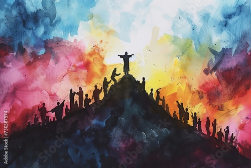 Jesus standing on top of a mountain and preaching to the crowd. Watercolor painting. photo