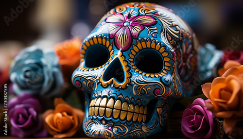 Day of the Dead celebration  colorful decorations, spooky masks, and skulls generated by AI