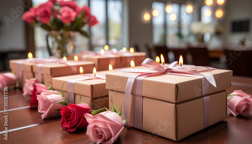 Romantic candlelit table with gift box, flower bouquet, and decoration generated by AI