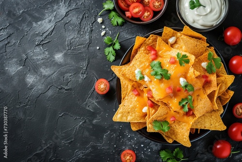 Top view of nachos with cheese sauce. photo