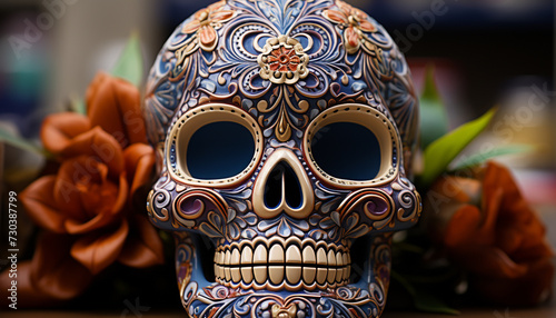 Day of the Dead celebration  ornate skull mask, Mexican tradition generated by AI