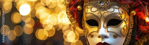"Masque vénitien décoratif avec détails dorés et accents rouges"