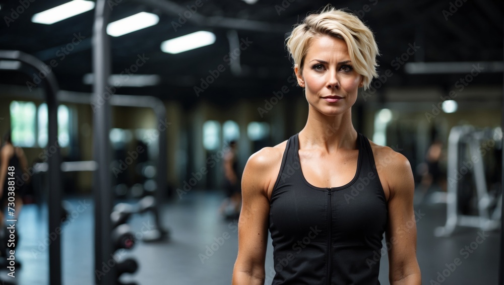 Fototapeta premium Focused Female Athlete in Black Gym Wear at Fitness Center 