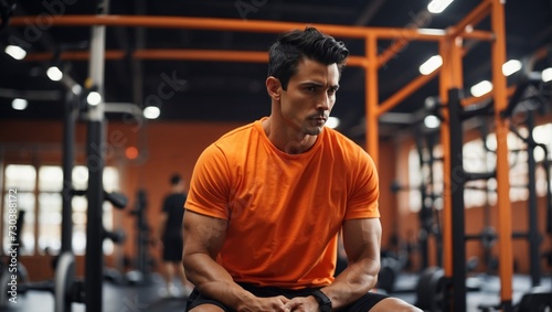 Thoughtful Bodybuilder in Orange Top Taking a Break in Urban Gym 