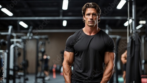 Sculpted Male Athlete in Casual Gym Attire Standing in High-End Fitness Center 