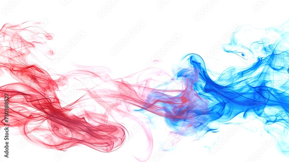Red and Blue Smoke Swirls in the Air on a White Background

