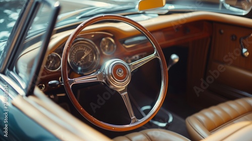In a luxurious retro cabriolet car with a beige leather interior, there's a wooden and steel steering wheel. The vehicle is parked in a garage