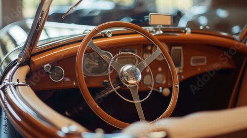 Wooden and steel steering wheel in luxury retro cabriolet car with beige leather interior parked in garage © Orxan