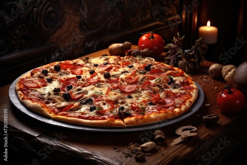 pizza is on a wooden platter on a table