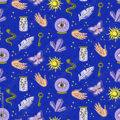 Flat mystical seamless pattern with linear decor