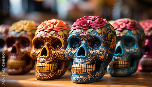 Day of the Dead celebration  colorful skulls, ancient tradition, spooky decorations generated by AI
