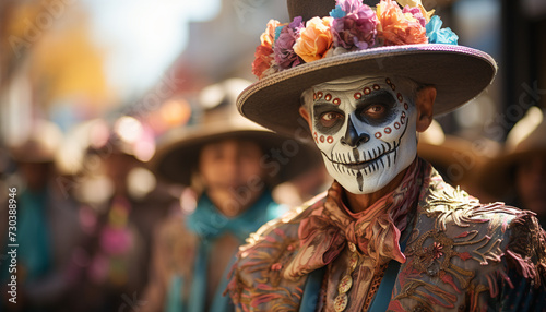 Men and women in traditional clothing celebrate Day of the Dead at a colorful outdoor parade generated by AI
