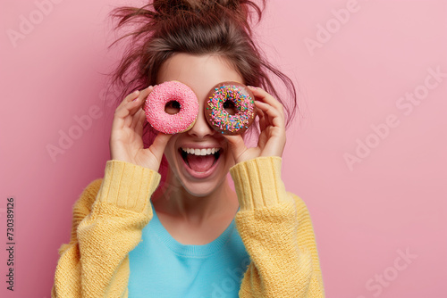 Young woman is smiling while she is watching through donuts on her eye. Donat is with pink chocolate dipping and colorful crumbles