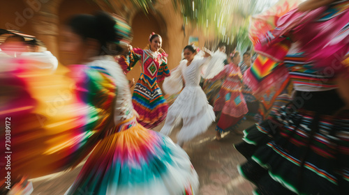 Mexican women dancing and celebrating Cinco de Mayo, captured with a slower shutter speed creating motion blur photo