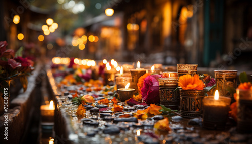 Burning candle illuminates altar, symbolizing spirituality and religious celebration generated by AI