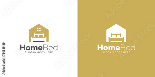 Creative Home Bed Logo. Home and Bedroom, Mattress with Minimalist Style. Furniture Logo Icon Symbol Vector Design Template.