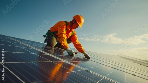 Wallpaper Mural Under the bright sky, a hardworking man in an orange hard hat installs solar panels, harnessing the power of the sun for a greener future Torontodigital.ca