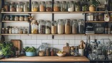 An eclectic mix of preserved and fresh goods adorn a kitchen shelf, bringing warmth and vibrancy to the indoor space