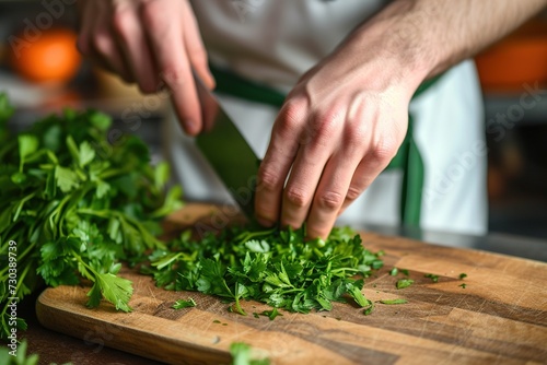Chef chopping fresh green parsley.