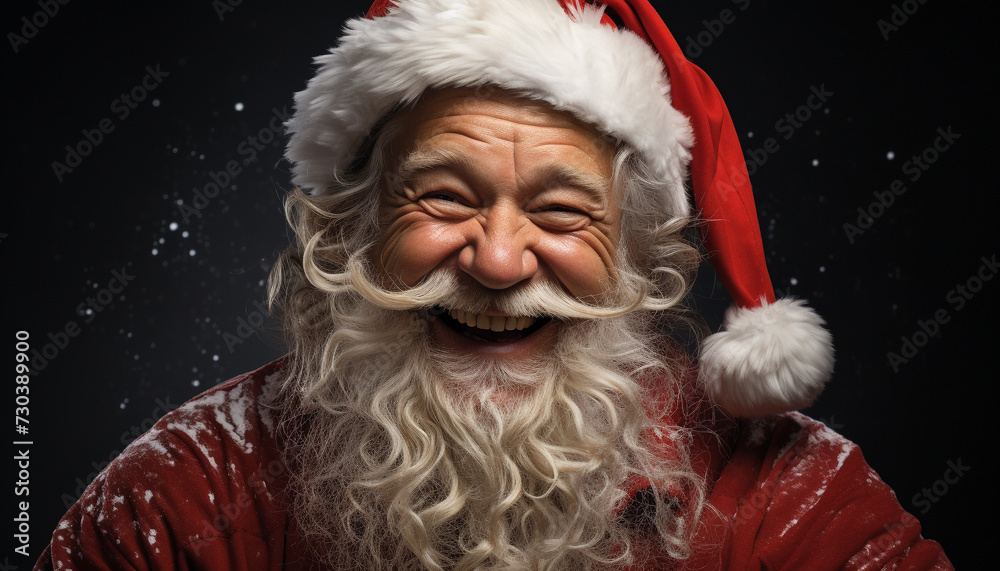 Smiling man in winter, celebrating with snow, gift, and joy generated by AI Smiling man in winter, celebrating with snow, gift, and joy generated by AI