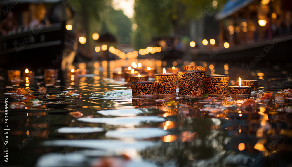 Nighttime celebration of traditional Hindu festival with illuminated candle lanterns generated by AI