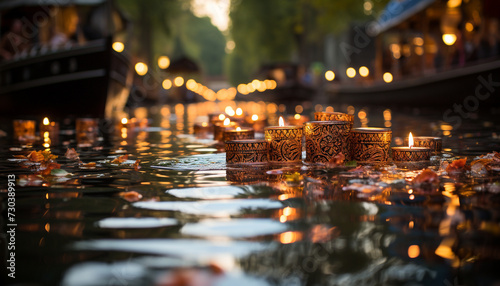 Nighttime celebration of traditional Hindu festival with illuminated candle lanterns generated by AI