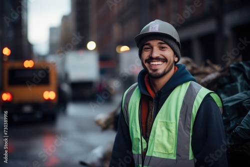 Smiling portrait of a young garbage man in the street photo