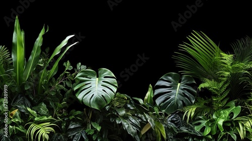 floral arrangement of tropical leaves of plants bush. nature background isolated on dark black background with copy space