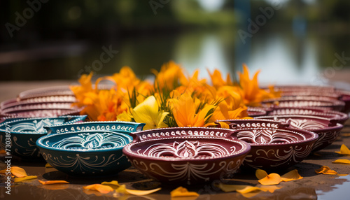Indian culture celebrates traditional festivals with vibrant flower pots outdoors generated by AI