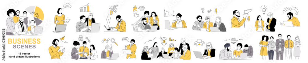 Set of Business scene vector outline illustrations on transparent background. Collection of men, women, business team working together, taking part in business activities, meeting, discussing.
