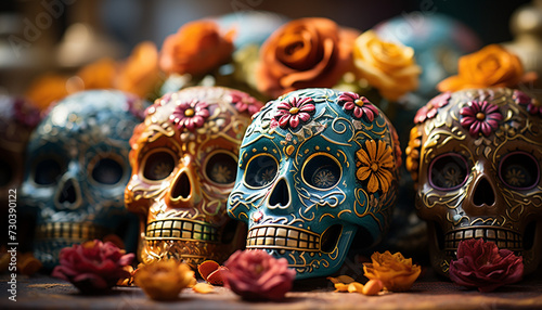 Day of the Dead celebration  spooky decoration, colorful skulls, autumn leaves generated by AI