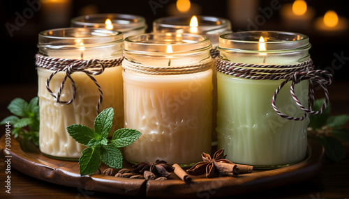 Wooden table with candle, dessert, and drink rustic and cozy generated by AI