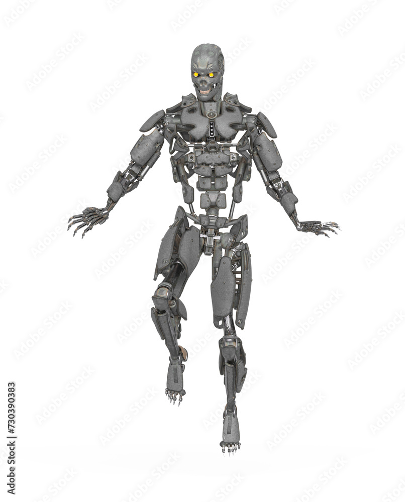 mega cyborg is floating and looking for action in white background